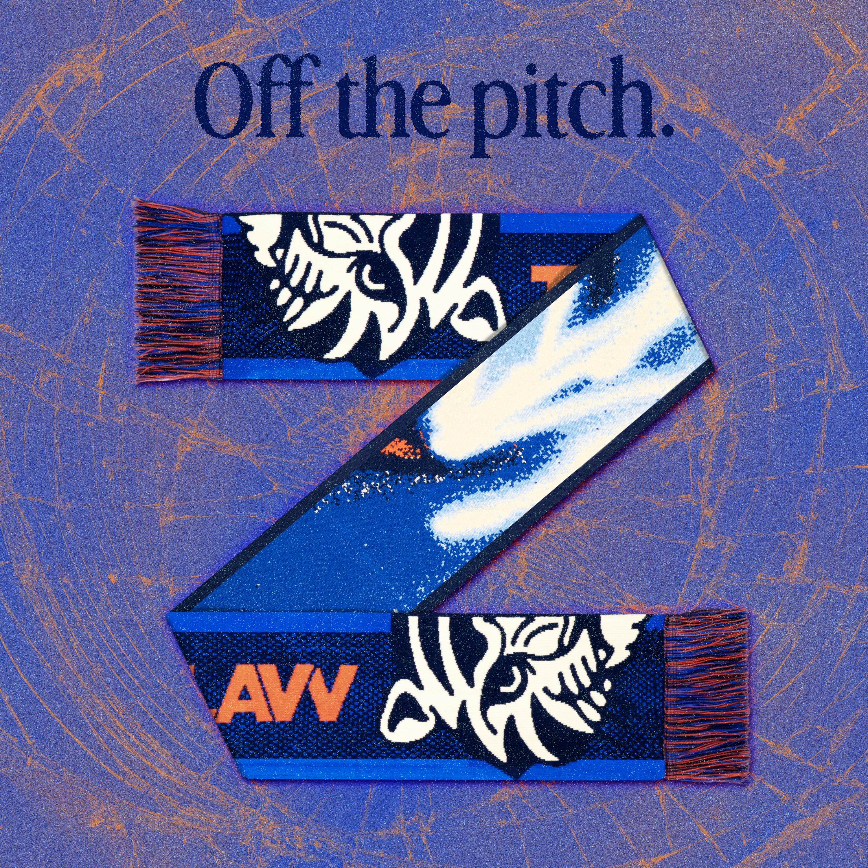 Graphic design featuring a folded blue football scarf with tiger face patterns, bold TIGERCLAVV lettering, and abstract spray textures arranged in a “Z” shape on a textured blue and orange background with the headline “Off the pitch.”