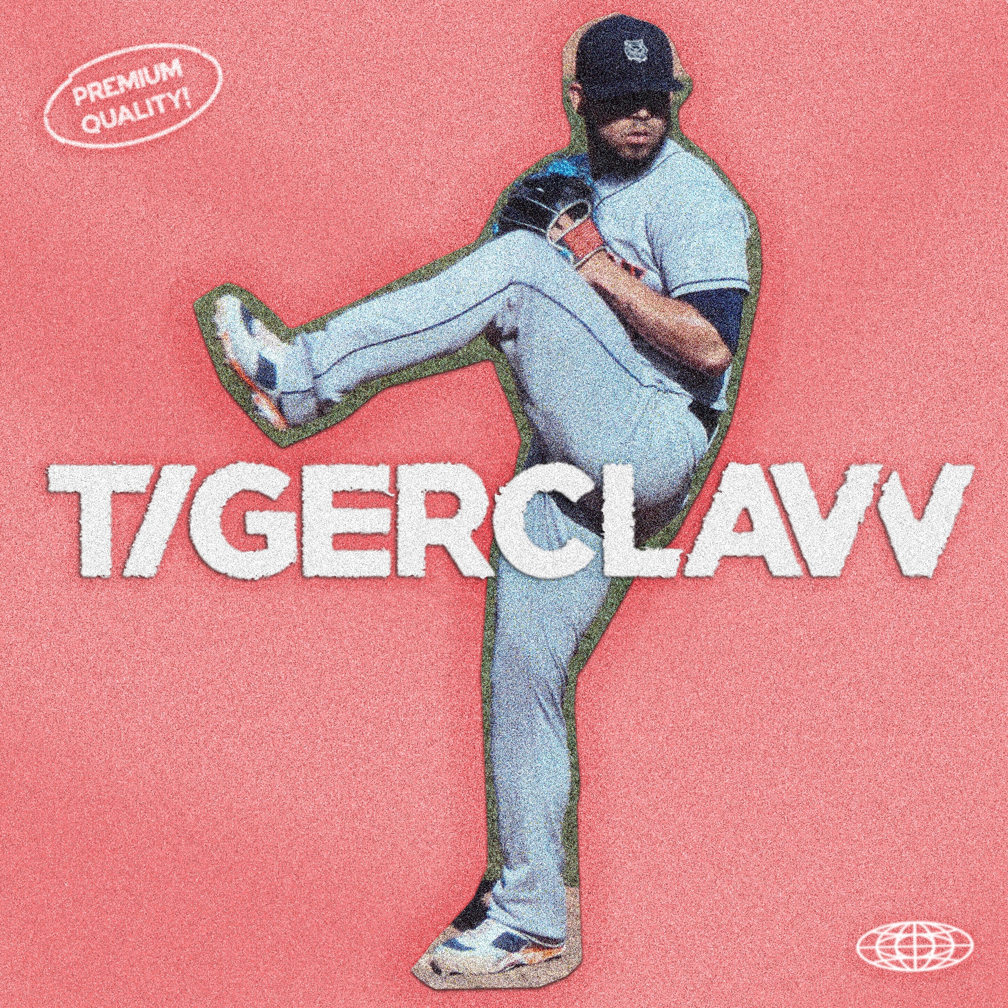 Illustration of a baseball player in a dynamic pose with TIGERCLAW logo on a pink background.