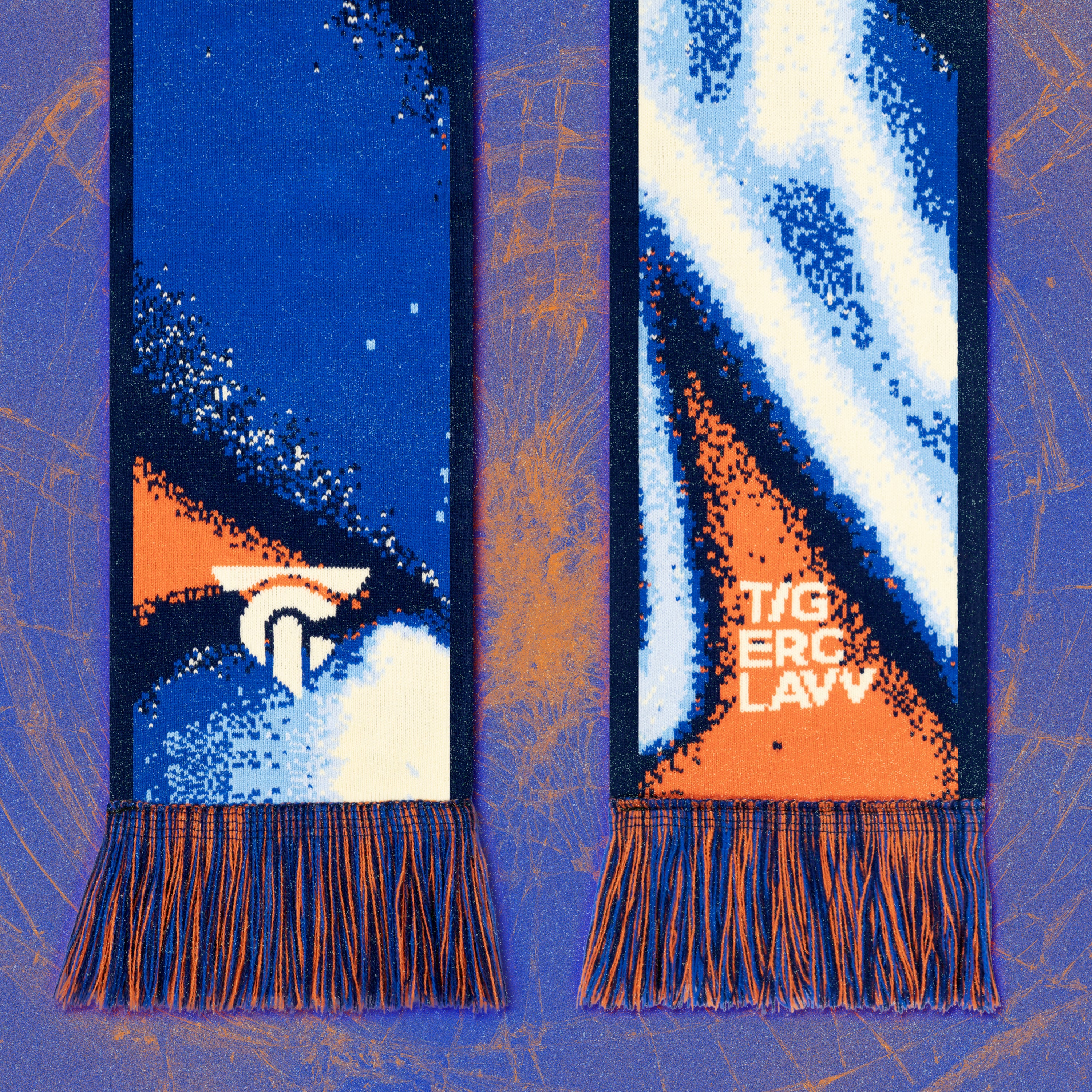 Blue and orange football scarf with abstract wave and spray patterns, orange-and-blue fringes, and “TIGERCLAW” lettering woven in bold white on an orange section, displayed against a textured blue and orange background.