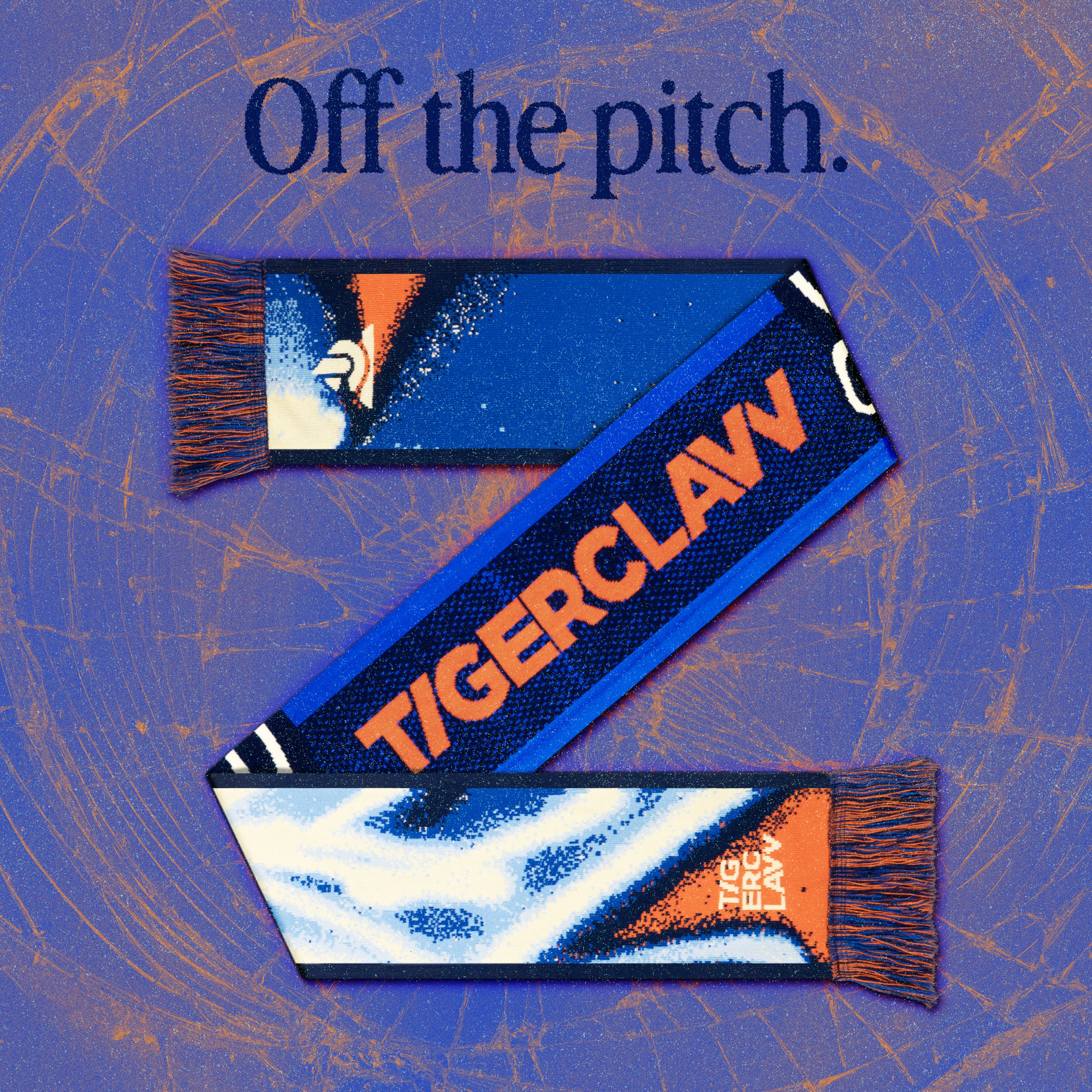 A graphic design of a scarf with the Tigerclaw monogram and the word Tigerclaw logo on a blue background with orange accents and fringes.