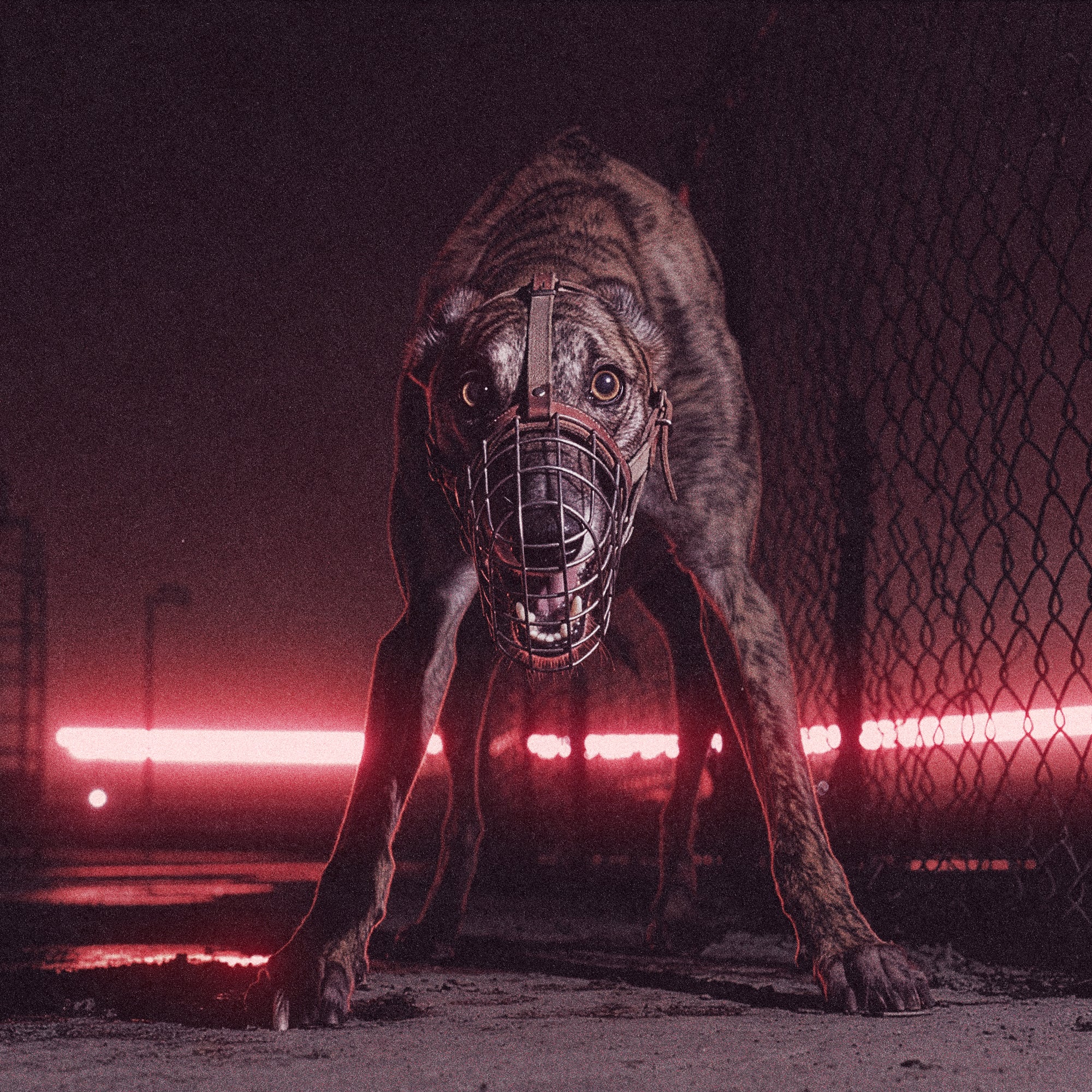 Greyhound wearing a racing muzzle in the Tigerclaw Baskerville Canidrome campaign inspired by underground dog track culture and vintage racing aesthetics
