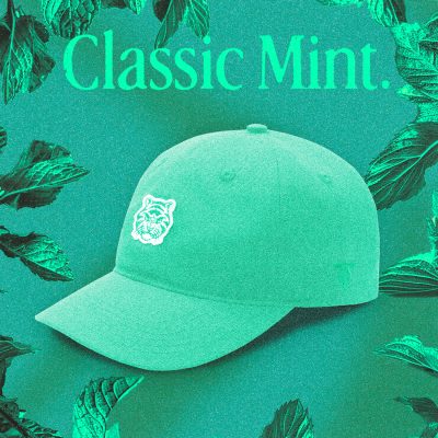 A mint green "Classic Mint" Tigerclaw strapback cap set against a textured mint-toned backdrop, with bold serif headline text above the cap and a clean front angle showcasing the white embroidered tiger logo.