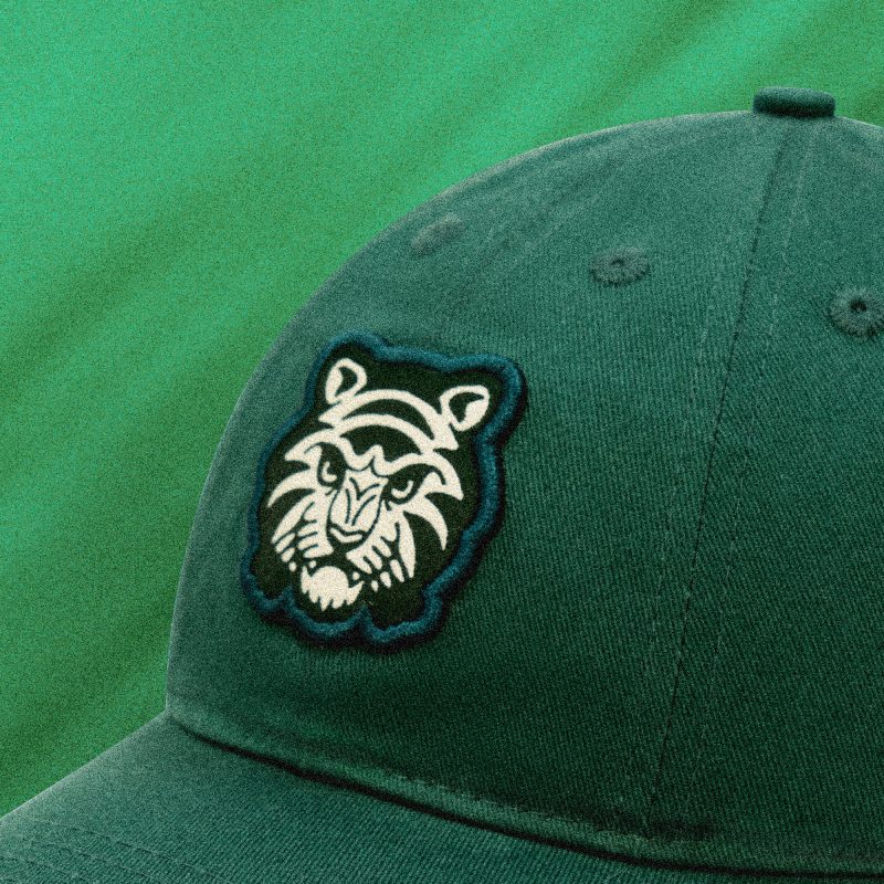 Green Legacy 10-panel cap by Tigerclaw, shown in Sacramento green with front chenille tiger patch and side embroidery.