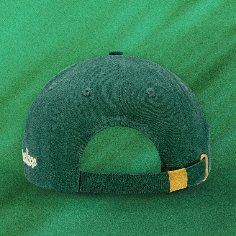 Back view of the Green Legacy 10-panel cap by Tigerclaw, showing embroidered strap with star detail and gold hardware.