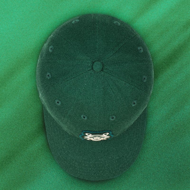 Top-down view of the Green Legacy 10-panel cap by Tigerclaw, showing full panel construction and woven tiger patch.