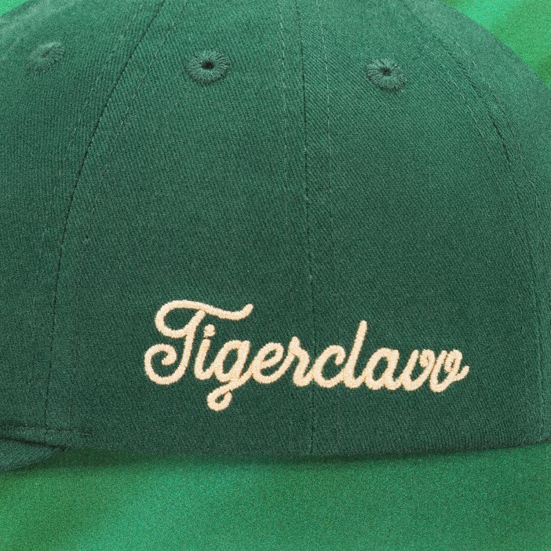 Close-up of cream “Tigerclaw” embroidery on the side of the Green Legacy 10-panel cap in Sacramento green.