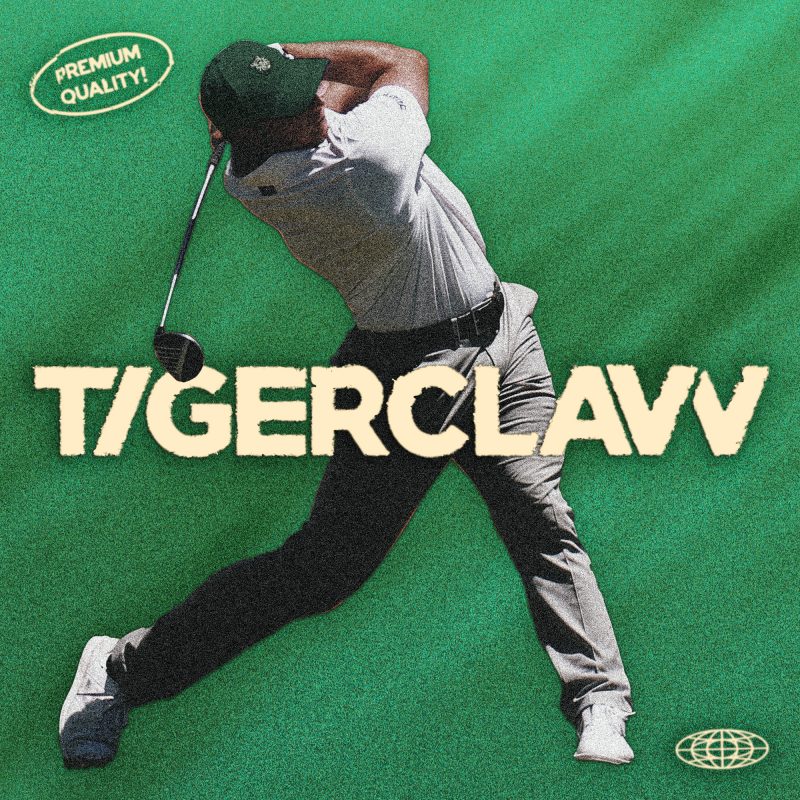 Graphic promo image of a golfer wearing the Green Legacy 10-panel cap by Tigerclaw, with bold T/GERCLAW text overlay and "Premium Quality" badge.