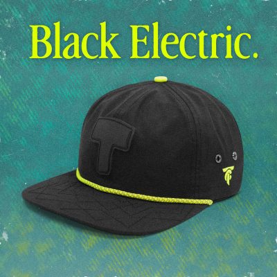 Black 6-panel cap with neon green rope and embroidery, on a teal textured background with “Black Electric” in bold yellow type.
