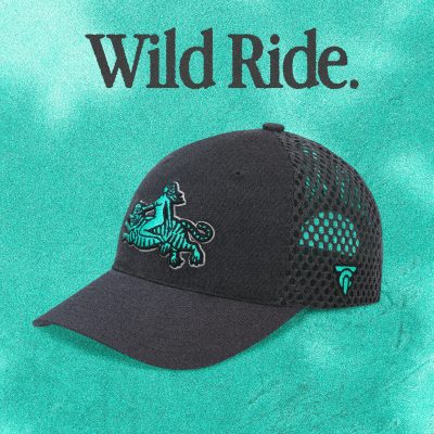 Dark grey trucker cap with embroidered design of a naked woman riding a tiger — Tigerclaw “Wild Ride.” edition.