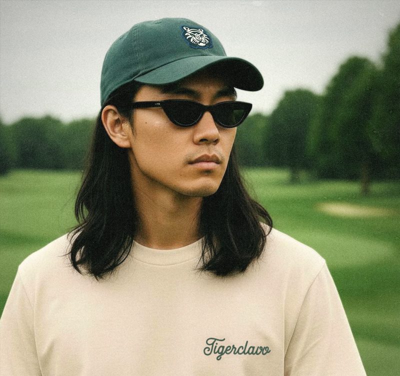 Model wearing Tigerclaw Golf Club Tee and green cap on the golf course