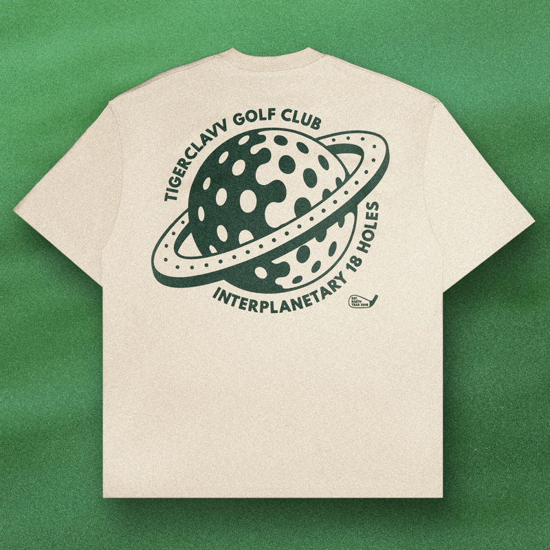 Flat lay of Tigerclaw Golf Club Tee showing Interplanetary 18 Holes back print